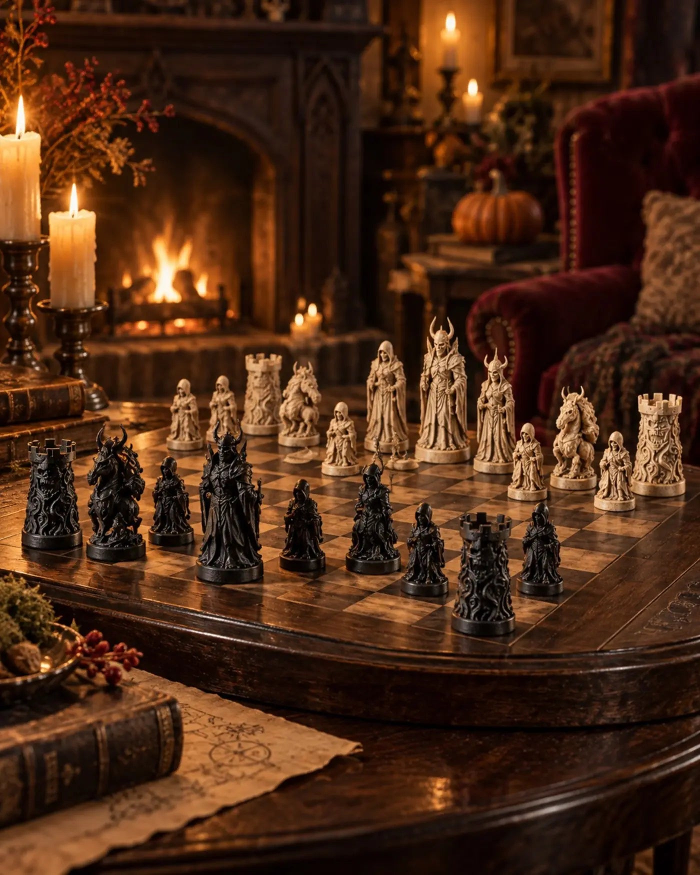 Gothic chess set on a wooden table beside candles and a fireplace
