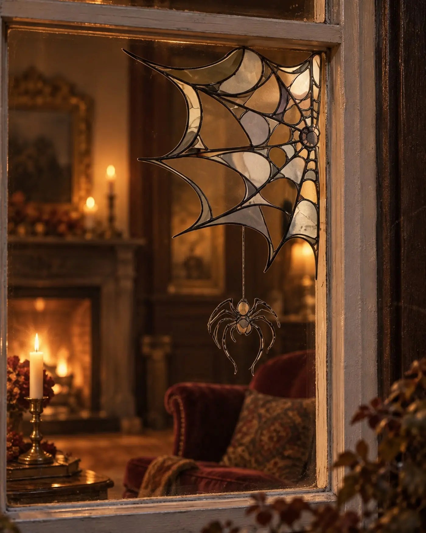 A candlelit parlor seen through a window with a spiderweb decoration
