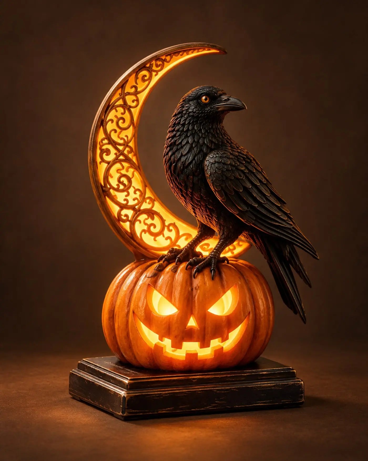 Raven and Moon Lamp glowing on a dark studio backdrop